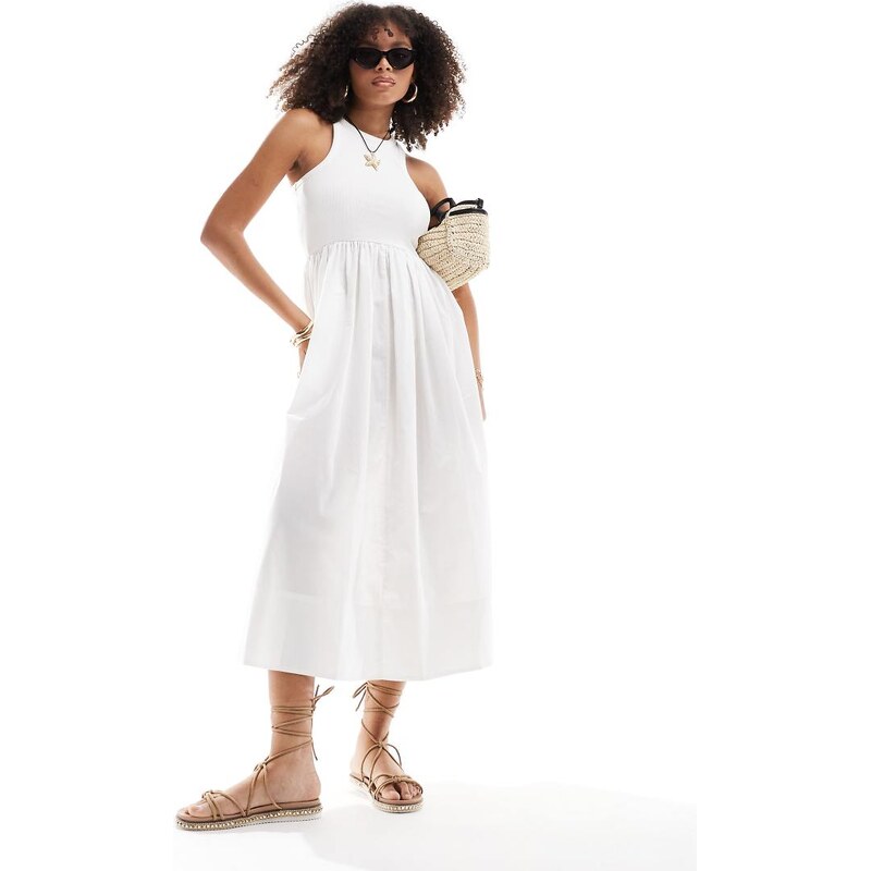YAS Y.A.S racer neck jersey and cotton hybrid maxi dress in white 103382190