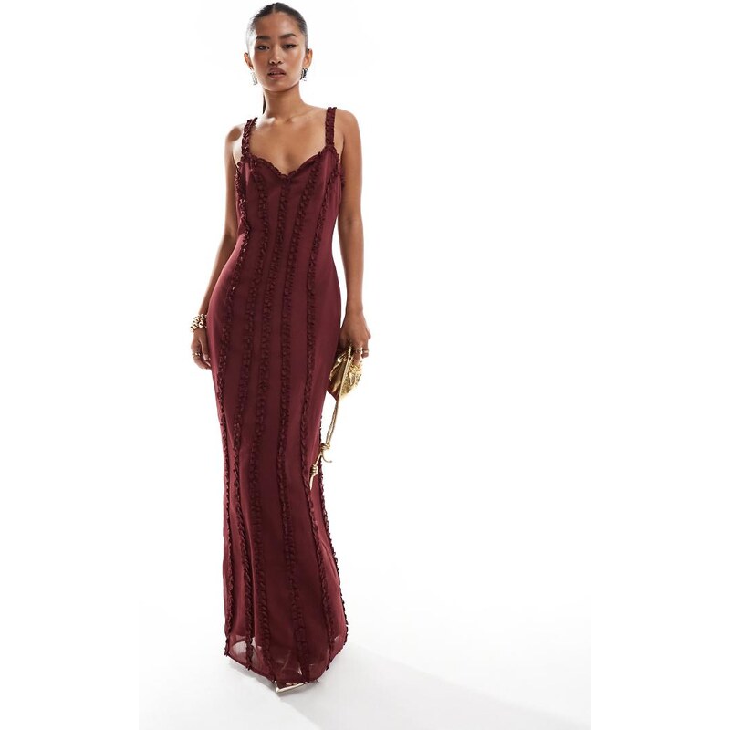 Pretty Lavish sweetheart ruffle maxi dress in wine-Red 100134488