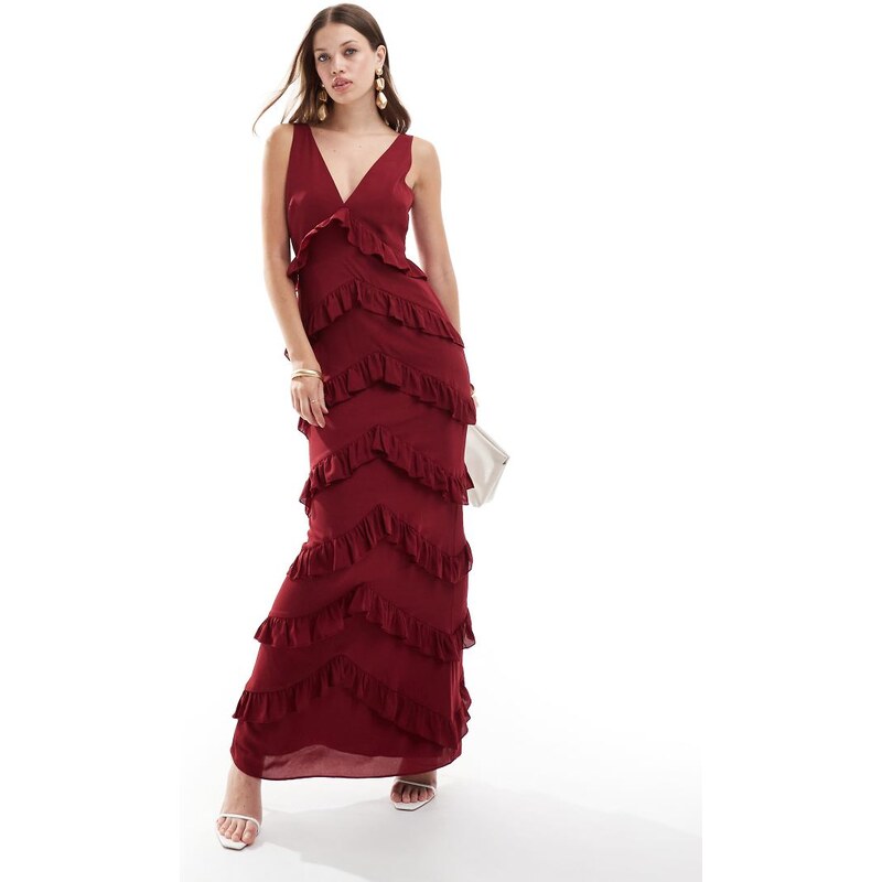 Pretty Lavish ruffle maxi dress in wine-Red 100134491