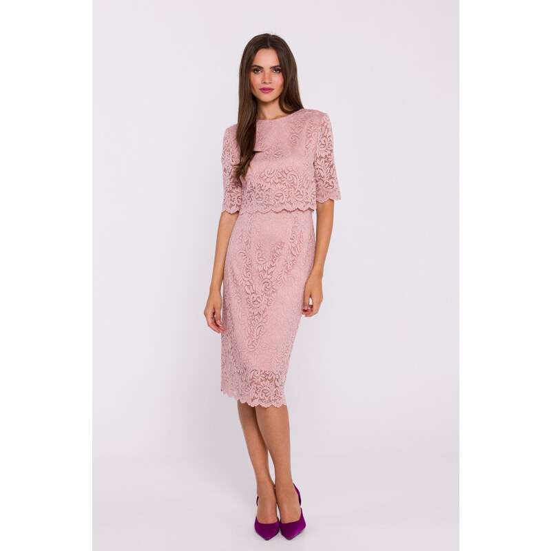 STYLOVE S379 Krajkové šaty s dvouvrstvým topem - pudrové