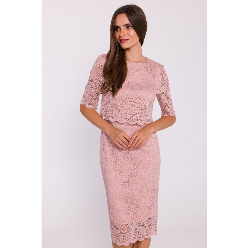 Krajkové šaty s topem pudrové model 20531266 - STYLOVE