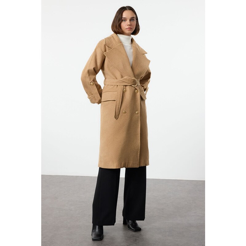 Trendyol Camel Belted Foldable Sleeves Regular Wool Trench Coat 107081491