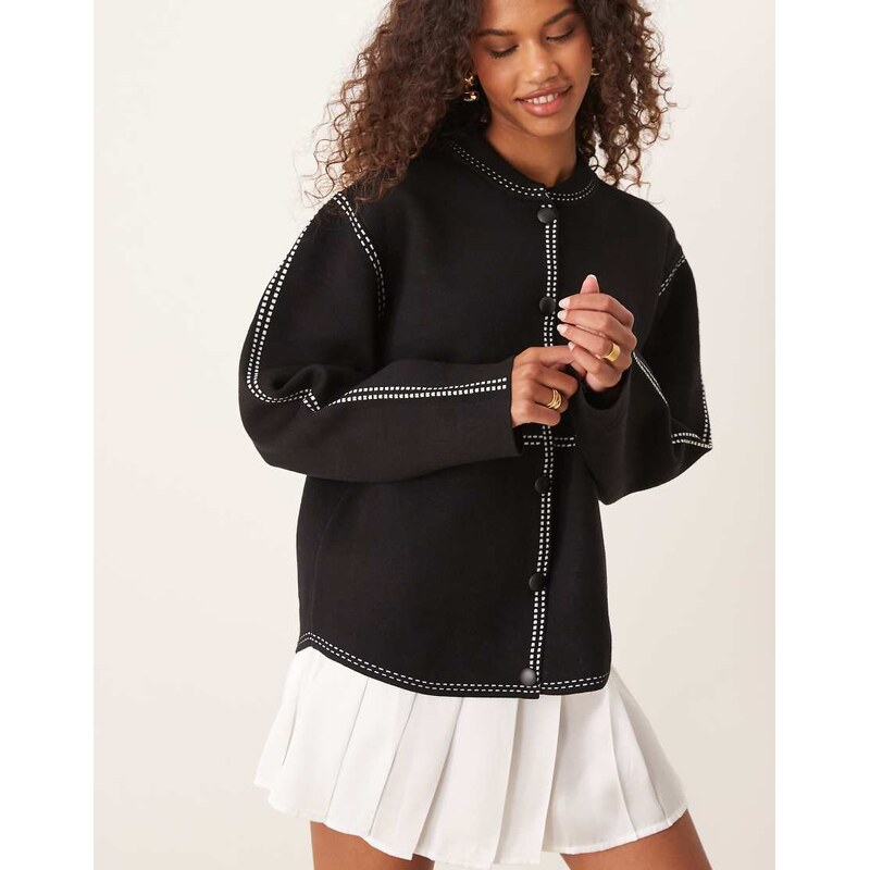 YAS contrast stitch knitted bomber jacket in black 100020176