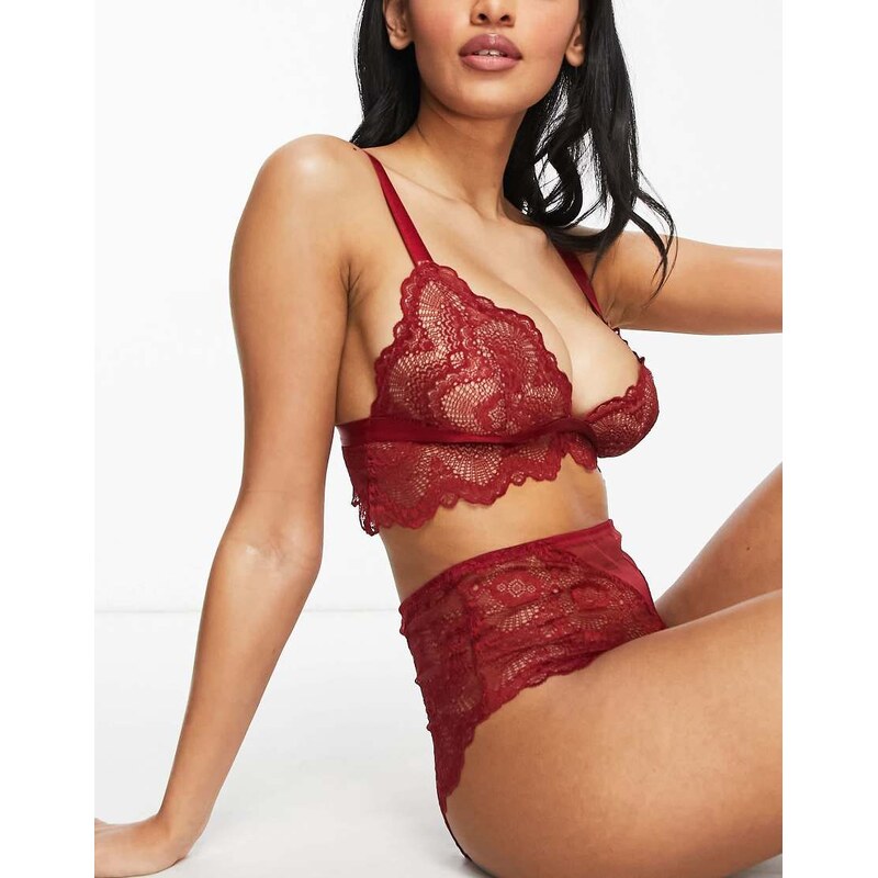 ASOS DESIGN Fuller Bust Rosie lace longline bra in burgundy-Red 115509529