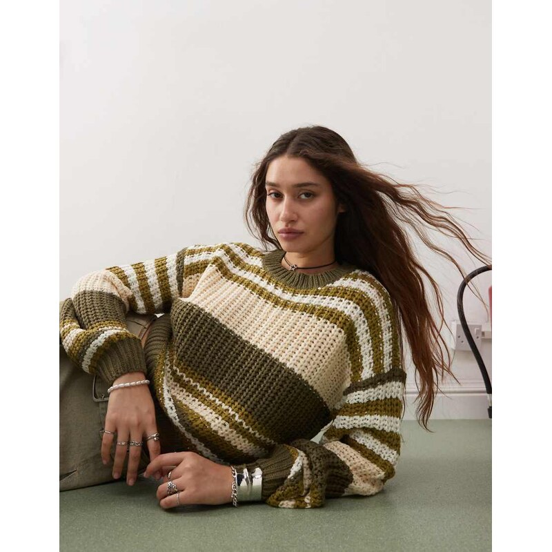 Noisy May chunky open knit jumper in cream & green stripe