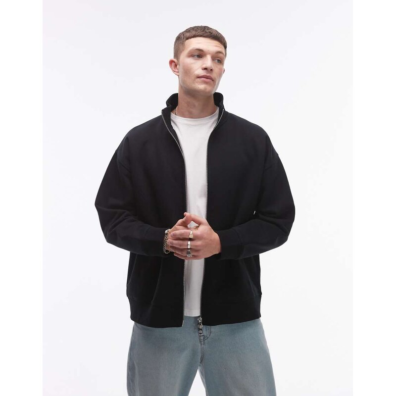 Topman premium heavyweight full zip funnel sweatshirt in black