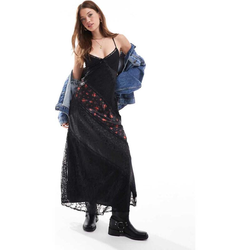 Miss Selfridge satin jacquard lace mix maxi slip dress in rose print 115743779