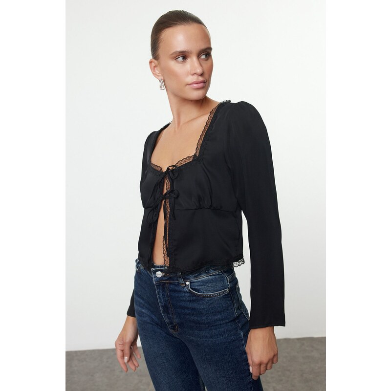 Trendyol Black Tie Detail Crop Woven Blouse 107081590