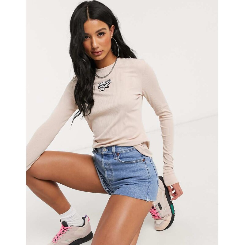 Reebok ribbed logo long sleeve in blush pink