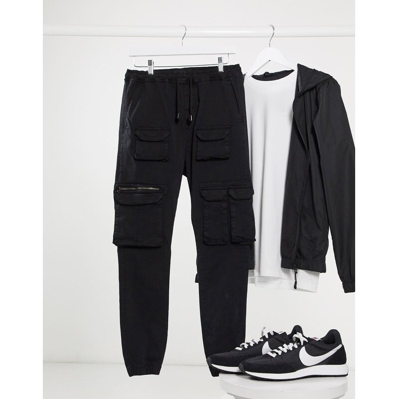 Brave Soul molton utility cargo trousers with pockets-Black