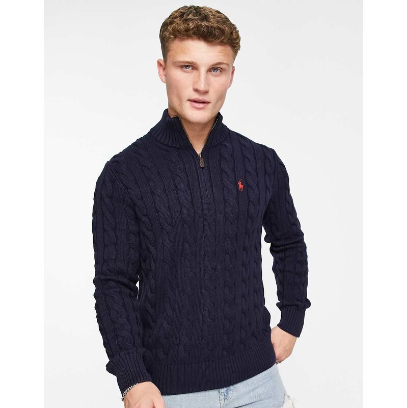 Polo Ralph Lauren icon logo half zip cotton cable knit jumper in
