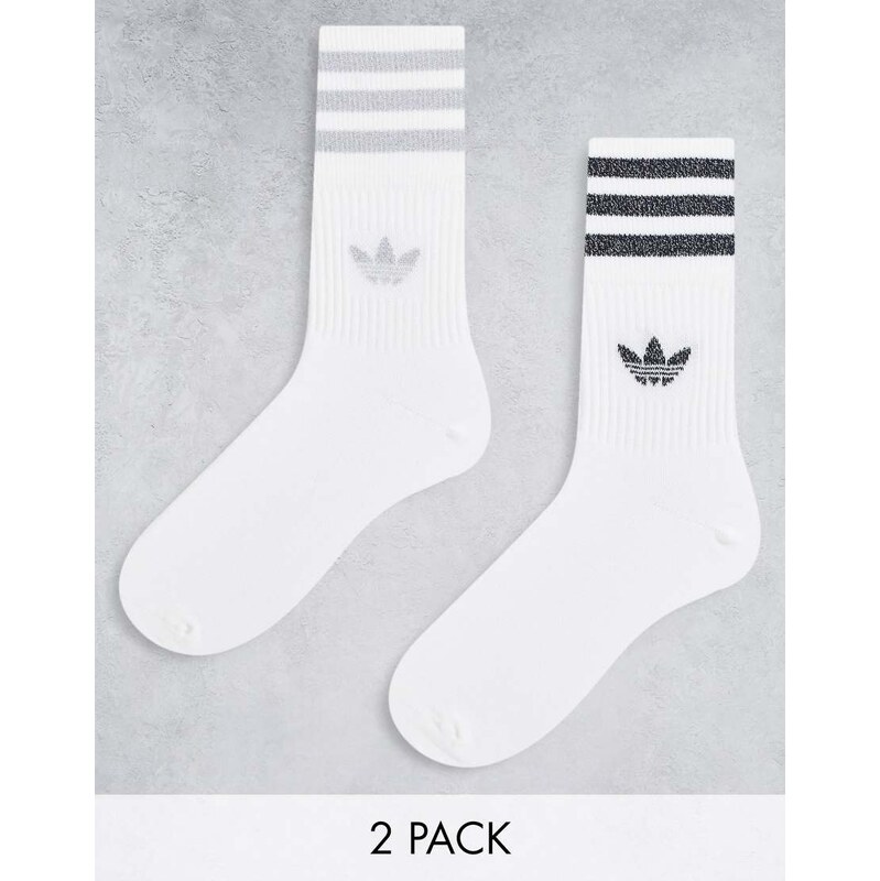 adidas Originals 2 pack glitter mid cut socks in white/silver