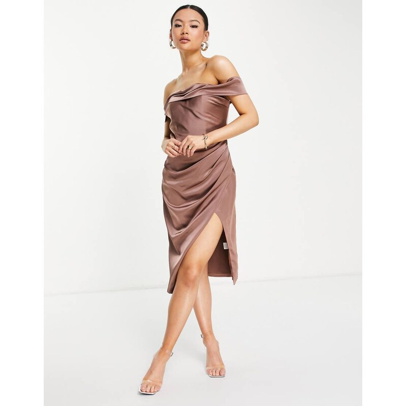 Jarlo Royalty midi dress with side split and bardot shoulder in mink 111167832