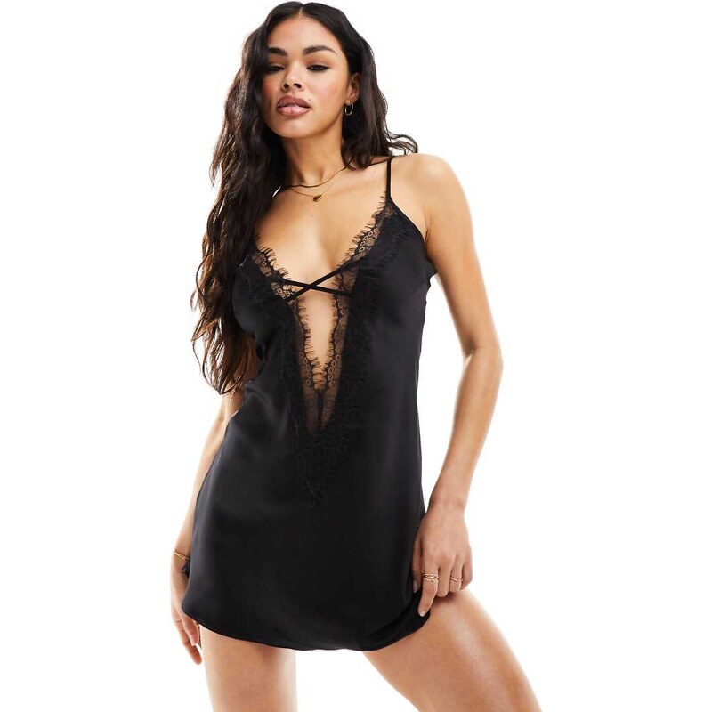 Ann Summers Cherryann lace trim satin chemise in black 100035766