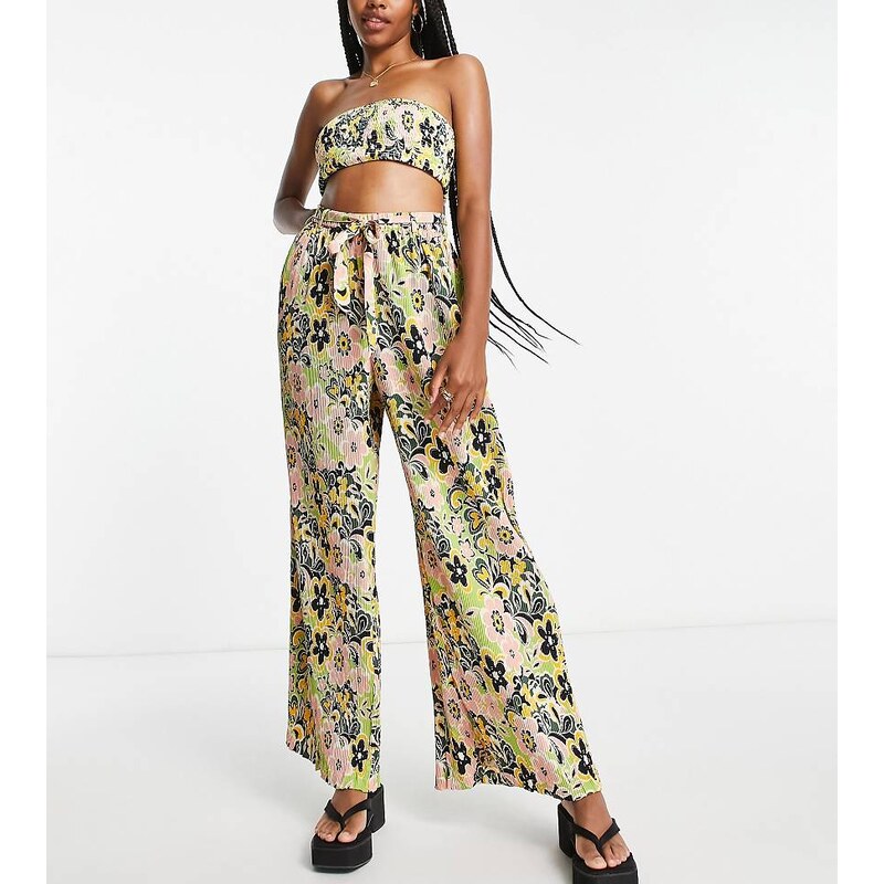 Topshop tall 60s floral plisse wide leg beach trouser in multi