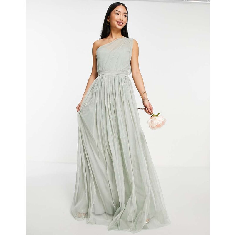 Anaya Bridesmaid tulle one shoulder maxi dress in sage green 112653443