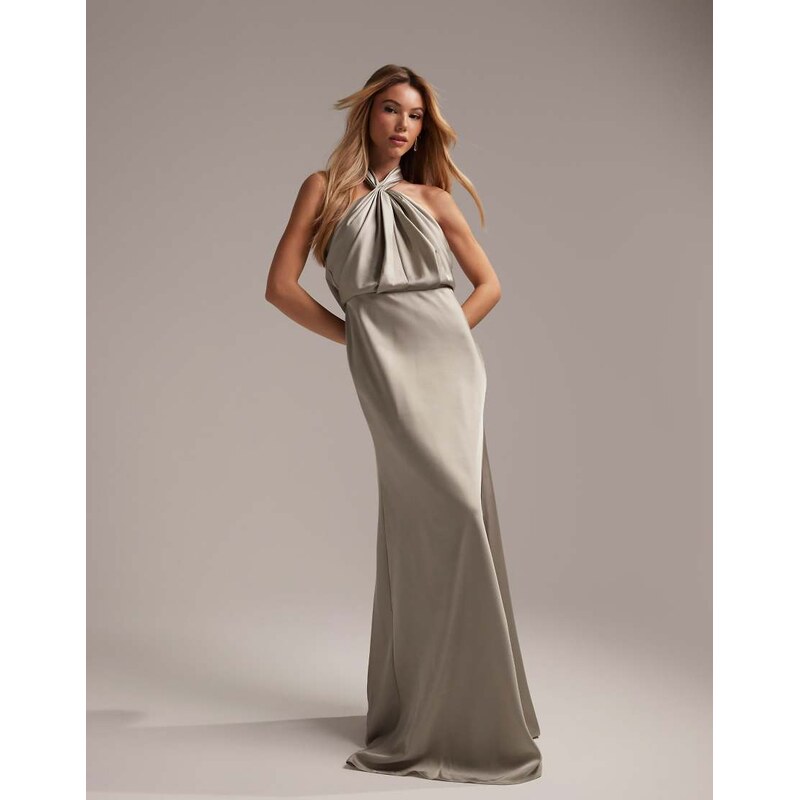 ASOS DESIGN Bridesmaid satin ruched halter neck maxi dress in sage 100035310