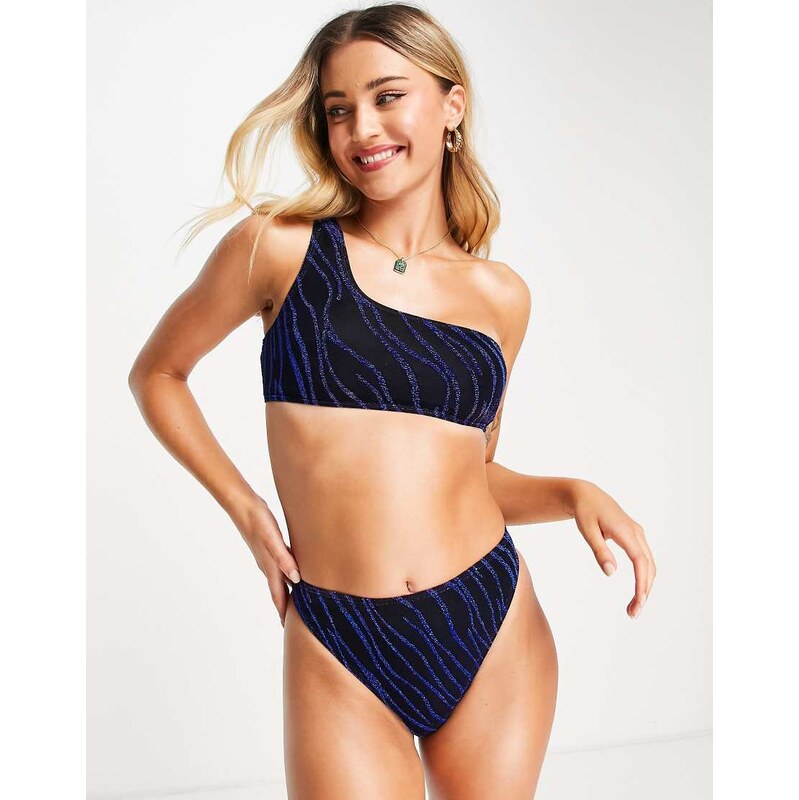 South Beach sequin one shoulder bikini top in black/blue zebra print 100035431