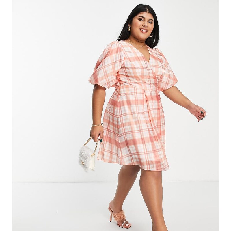 Forever New Curve flippy hem checked mini tea dress in peach-Orange 100036700