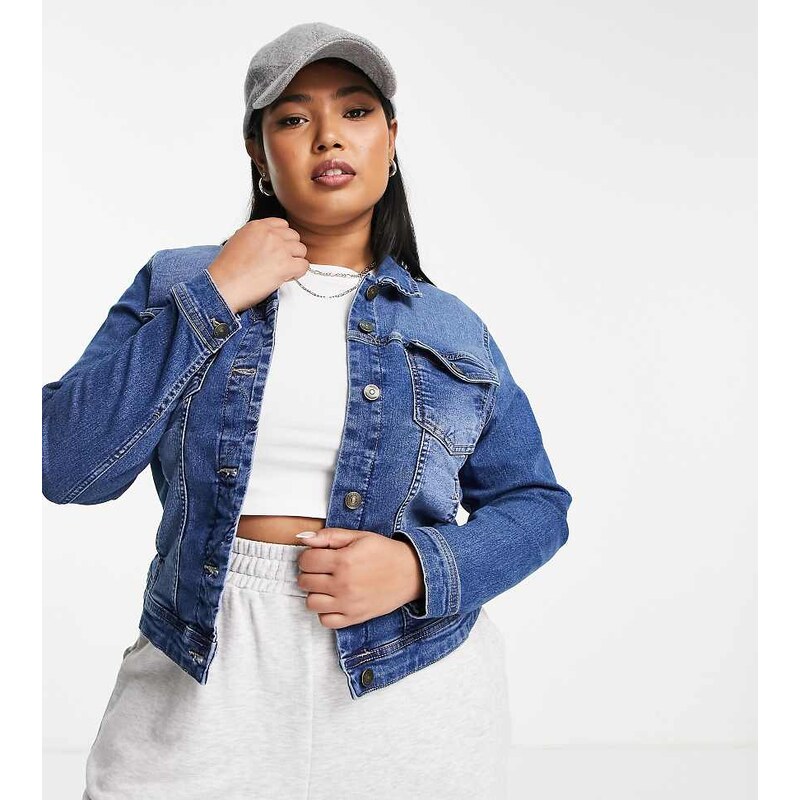 ONLY Curve denim jacket in mid blue wash