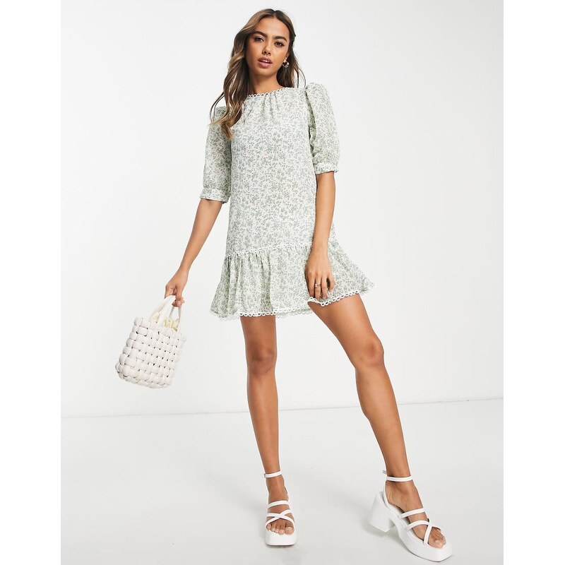 Glamorous frill chiffon mini smock dress in green ditsy