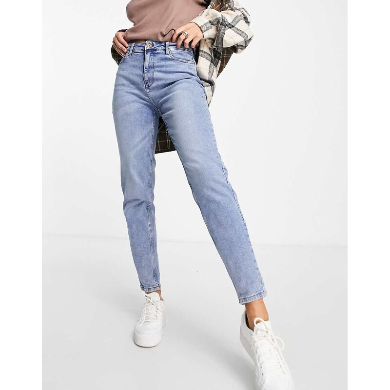 Pieces kesia high waisted mom jeans in bleach wash-Blue