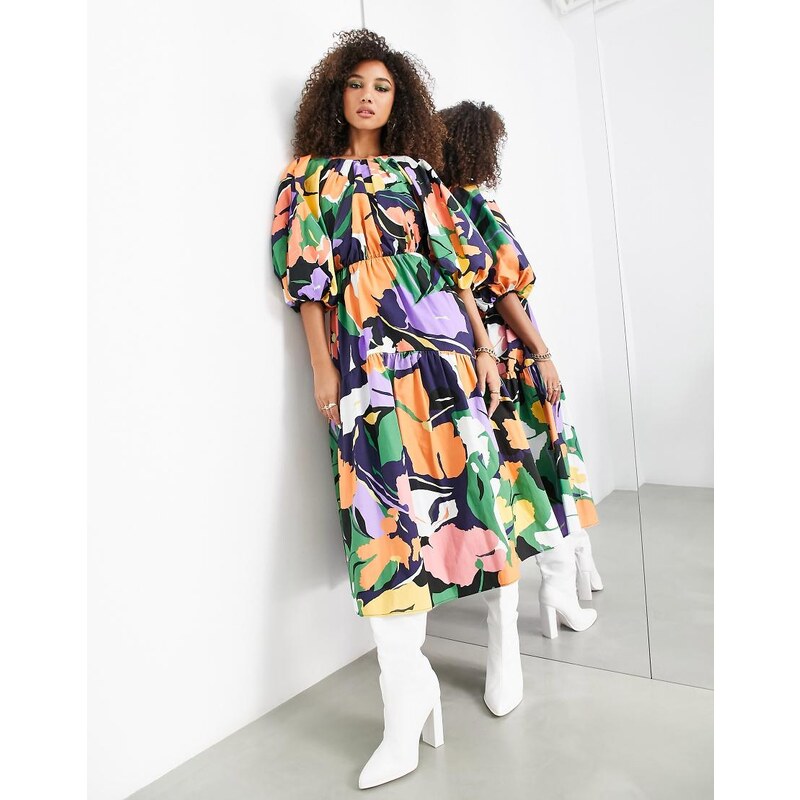 ASOS EDITION volume sleeve midi dress with cut out back in abstract 100037161