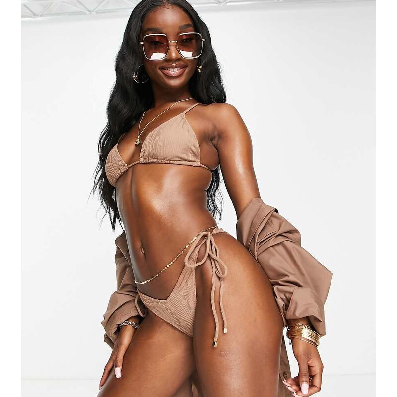 South Beach tie up bikini bottom in textured rib in sand-Neutral 100272746