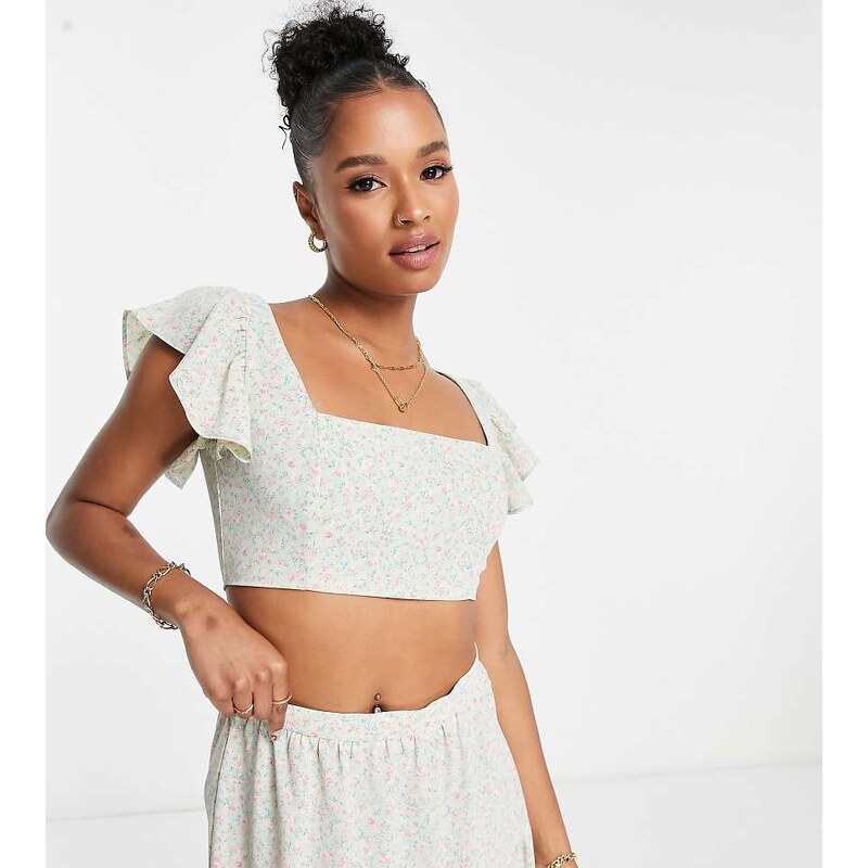 Collective the Label Petite frill shoulder crop top co-ord in sage 100038309