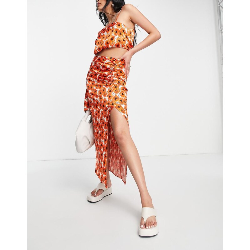 Topshop co-ord ruched split front poppy print midi skirt in red