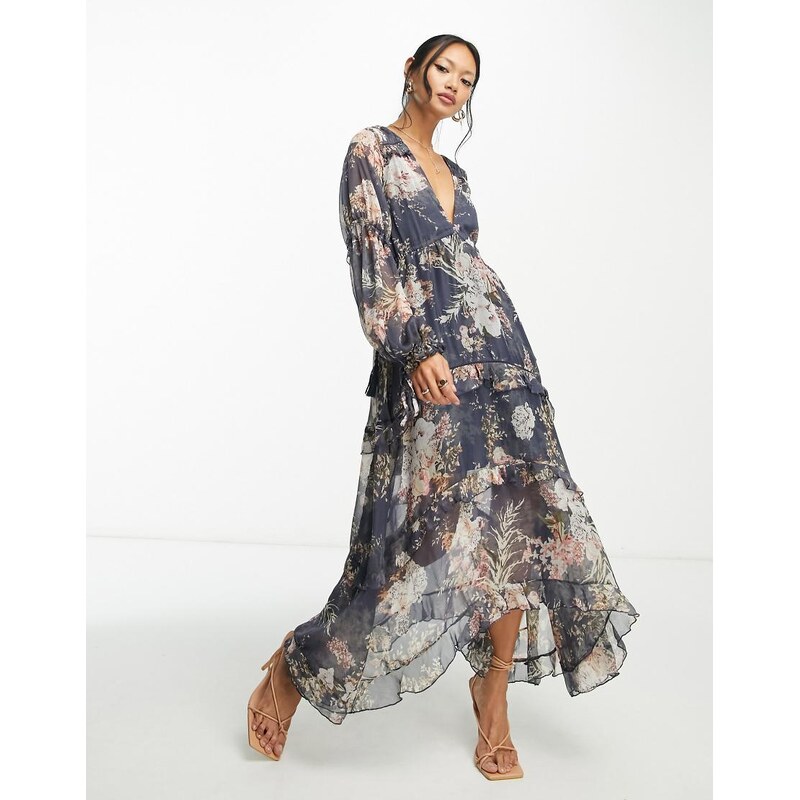 ASOS DESIGN pleated layered tiered midi dress in navy floral print 100272762