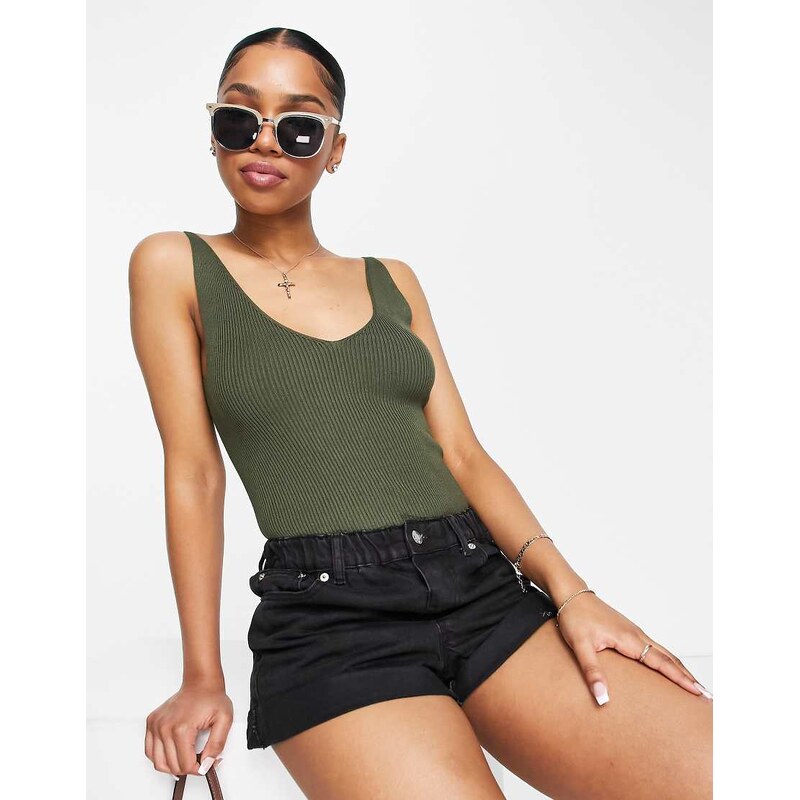 JDY v neck knitted vest top in khaki-Green 100038942