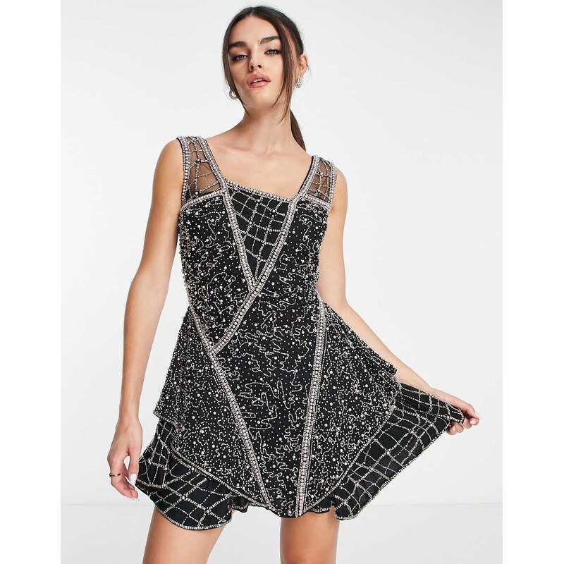 ASOS DESIGN beaded mini dress with layered skirt and linear