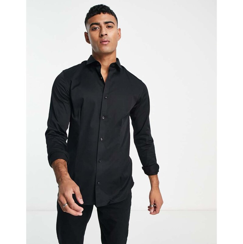 Jack & Jones Premium super slim fit stretch smart shirt in black