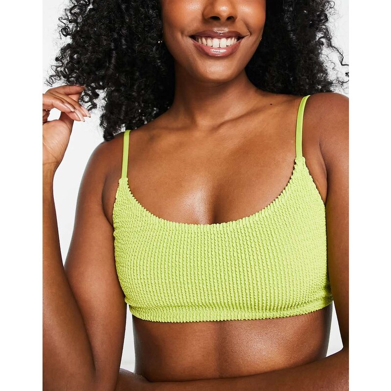 Weekday scoop neck crinkle bikini top in green 100039100