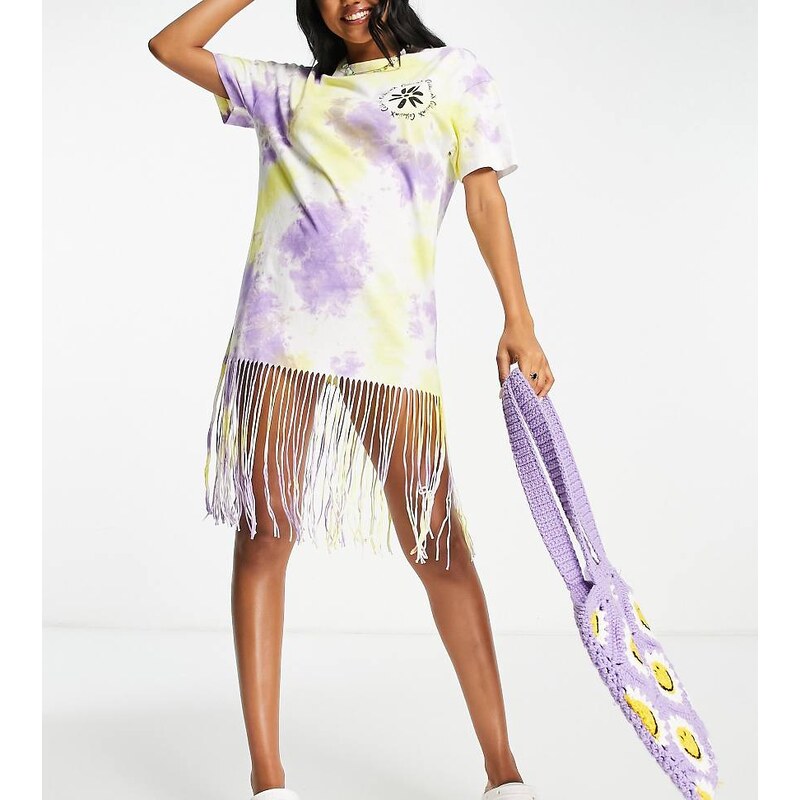 COLLUSION tie dye t-shirt dress with fringing in purple 100039257