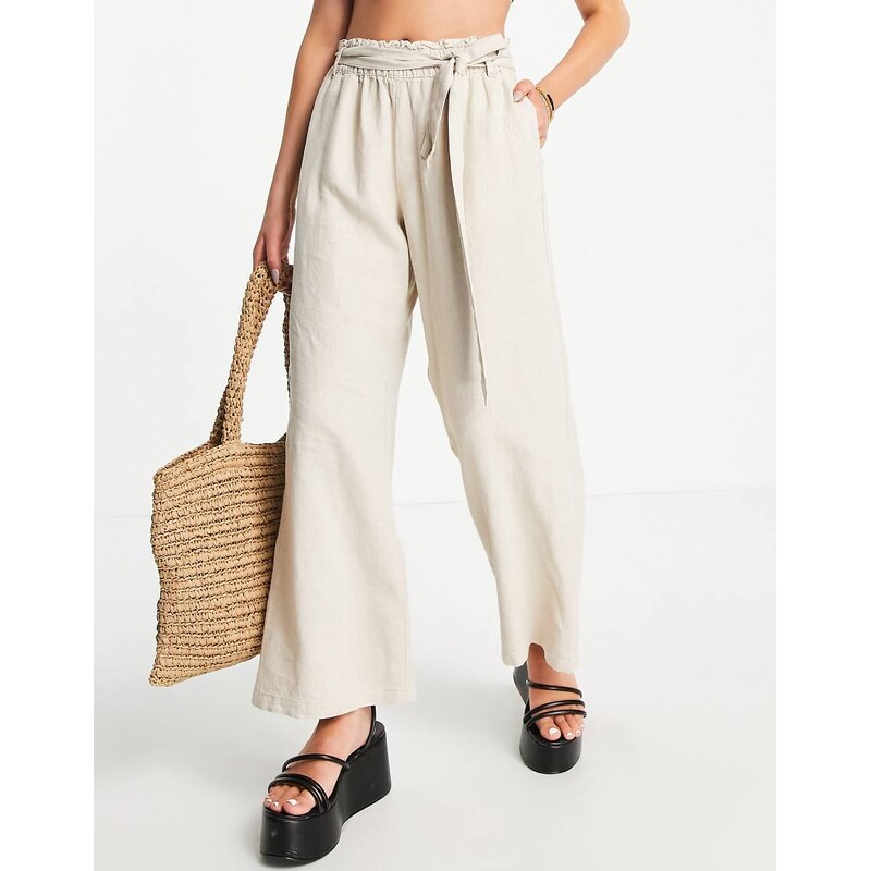 JDY wide leg belted linen mix trousers co-ord in stone-Neutral