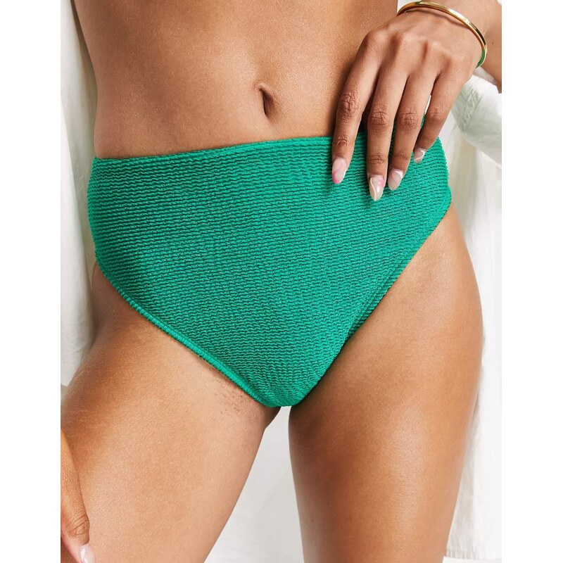 Free Society high waist high leg bikini bottom in green crinkle 100039453