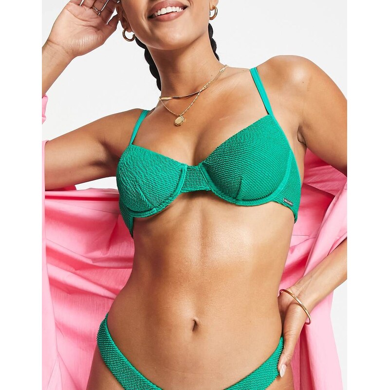 Free Society mix and match underwire bikini top in green crinkle 100039467