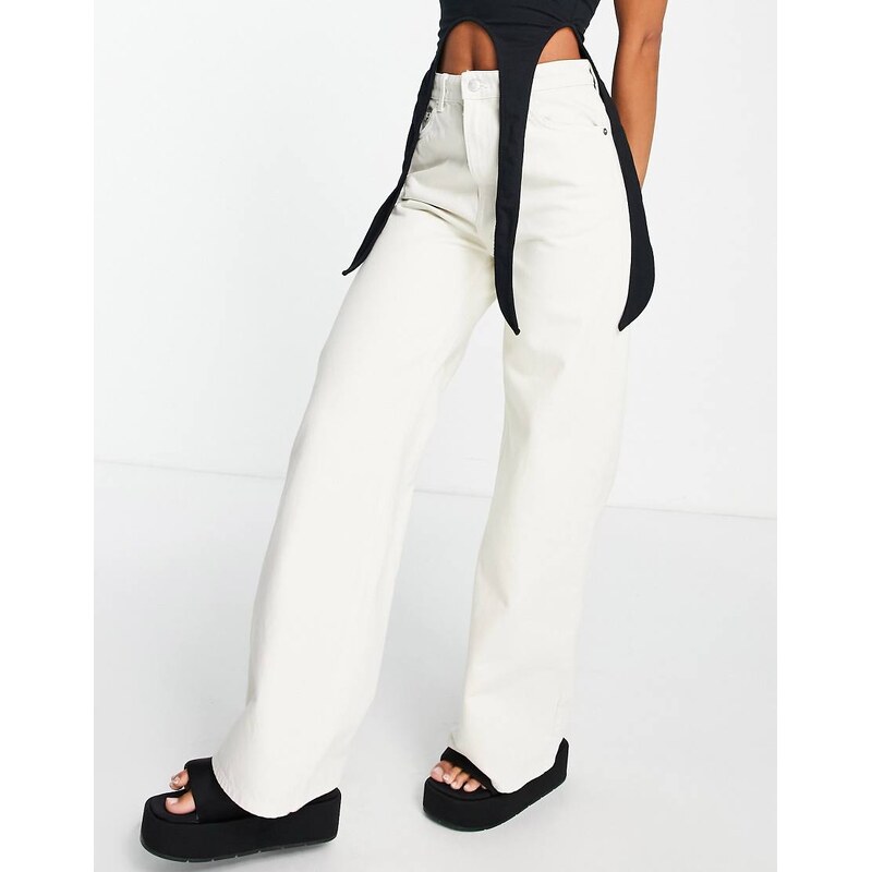 Weekday Ace cotton high waist wide leg jeans in tinted ecru - STONE 100039639
