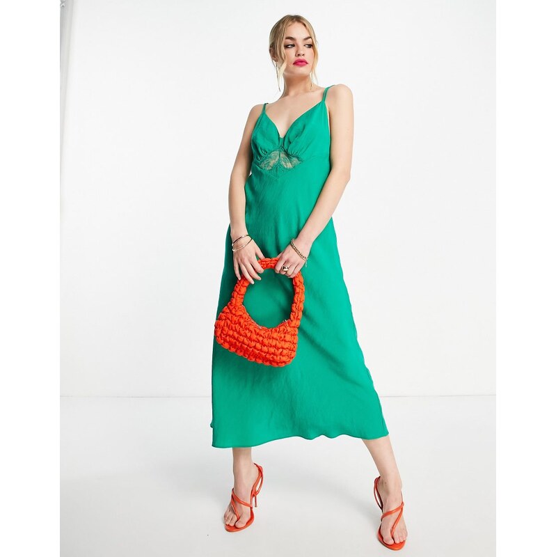 Mango tie detail lace insert satin midi dress in green