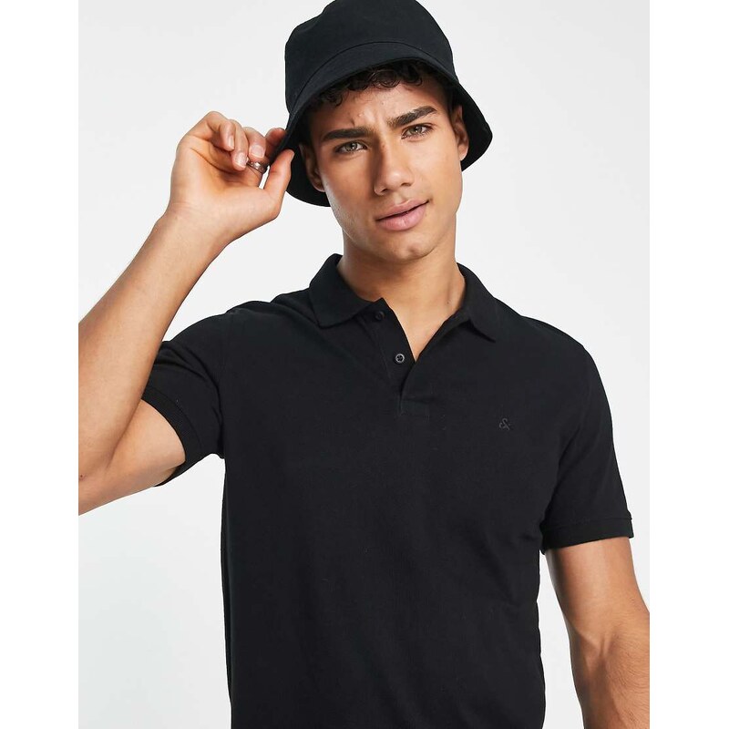 Jack & Jones Essentials slim fit pique logo polo in black