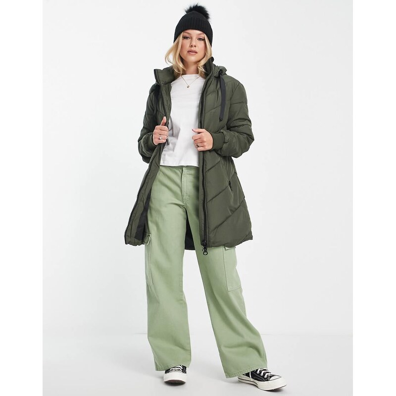 JDY chevron hooded padded coat in khaki-Green 100040654