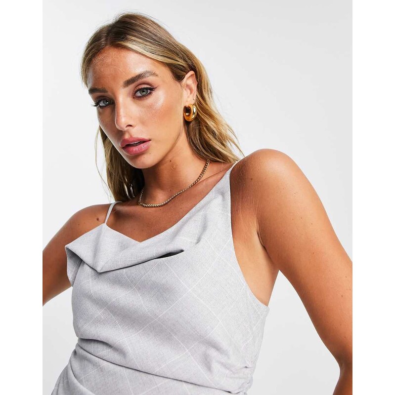 Topshop asymmetric check cowl neck cami in grey