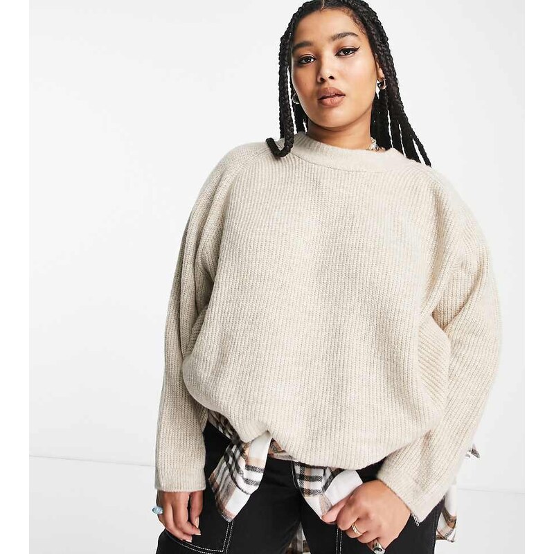 ONLY Curve ribbed crew neck jumper in beige-Neutral