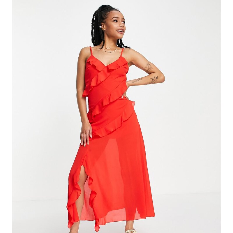 New Look Petite ruffle strappy midi dress in red