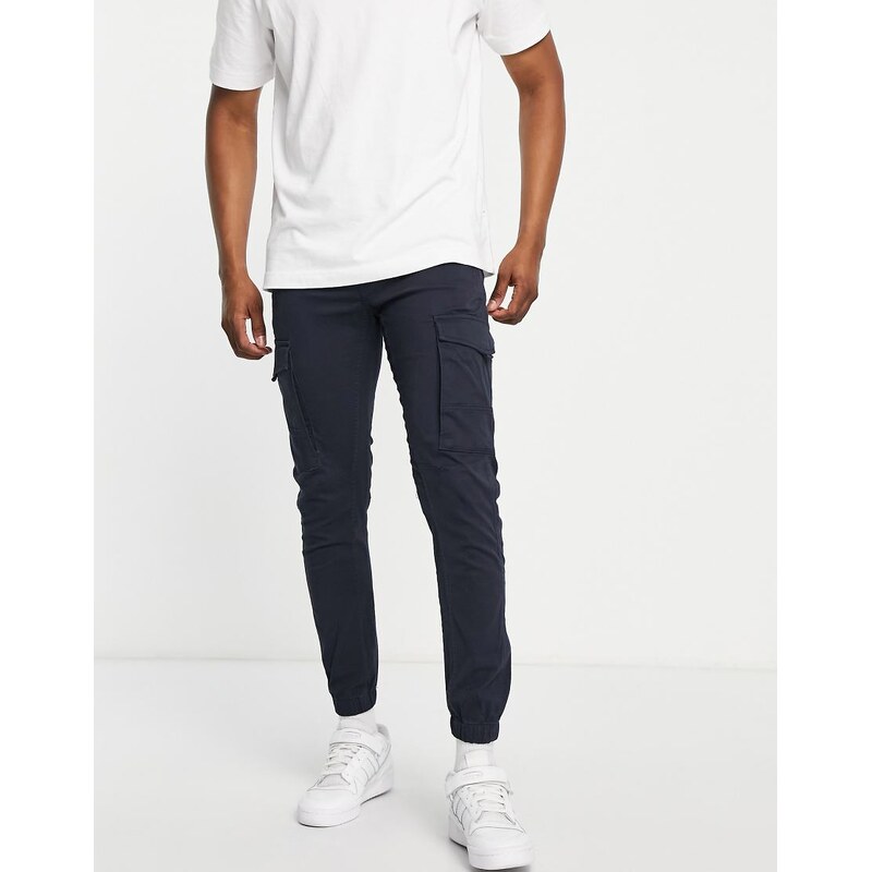 Jack & Jones Intelligence slim fit cargos with cuff in navy