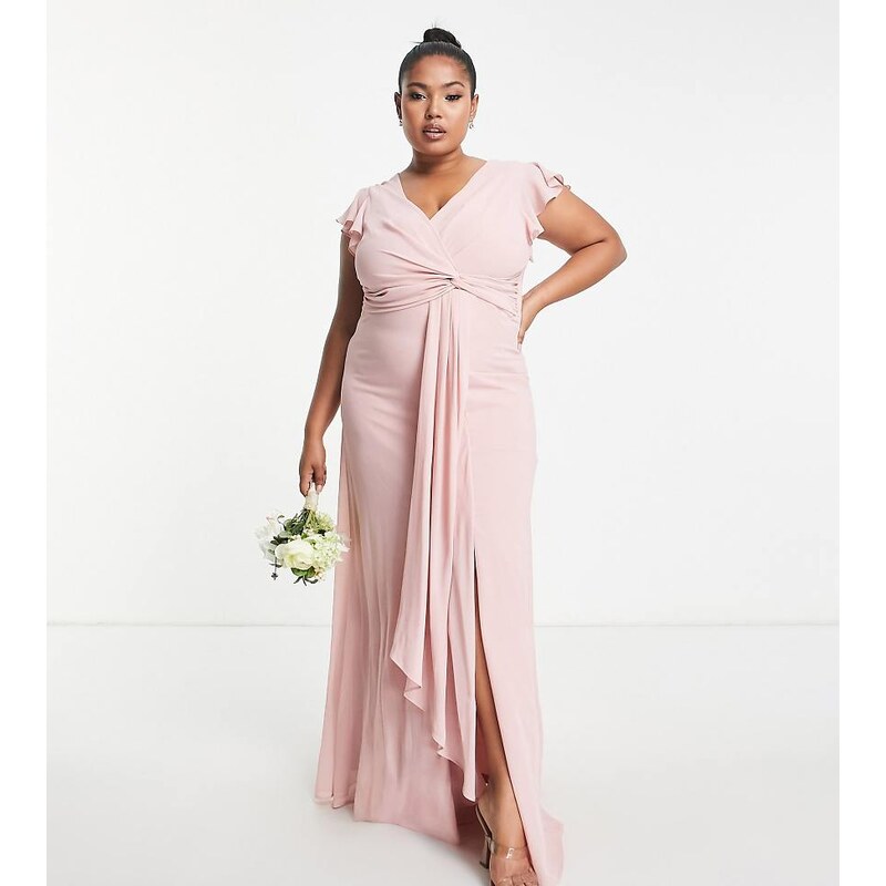TFNC Plus Bridesmaid flutter sleeve ruffle detail maxi dress in