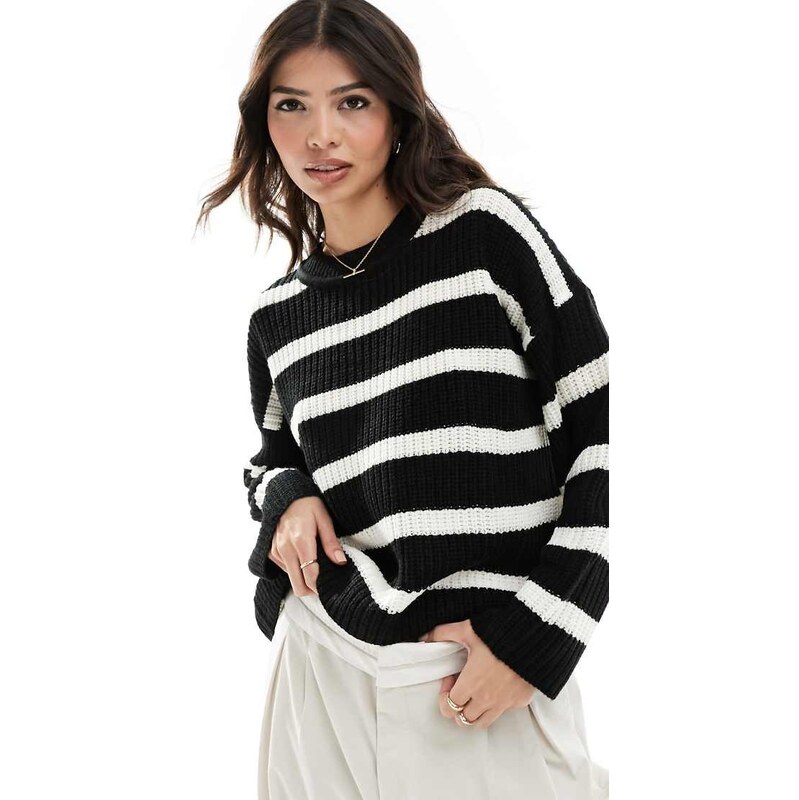 JDY knitted crew neck jumper in beige & black stripe-Neutral