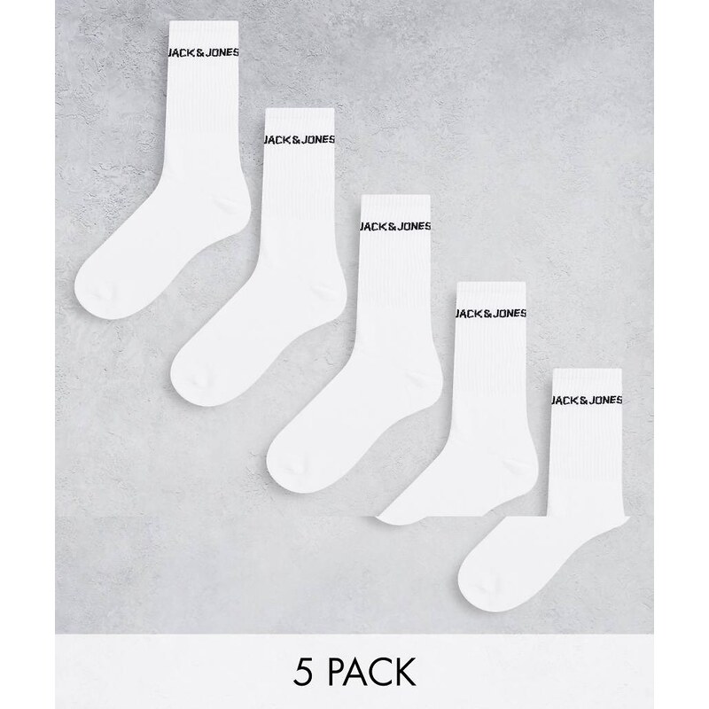 Jack & Jones 5 pack logo sports socks in white